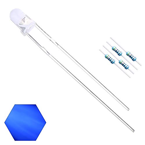 EDGELEC 100pcs 3mm Blue Lights LED Diodes Clear Round Lens 29mm Long Lead (DC 3V) +100pcs Resistors (for DC 6-12V) Included, Bright Bulb Lamps Light Emitting Diode