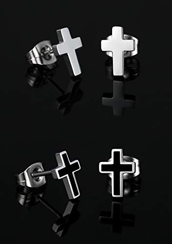 REVEMCN 925 Sterling Silver and Stainless Steel Cross Stud Earrings for Women Men, 3 Pairs4