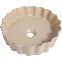 JONATHAN Y Atelier 15 in. Round Ceramic Vessel Sink with Scalloped Fluted Design, Matte Beige Above Counter Contemporary Bathroom Vanity Basin SNK1005G