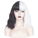 WeKen Black and White Wig with Bangs Shoulder Length Short Wavy Heat Resistant Wig for Women Girls...