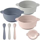 Eascrozn Silicone Baby Feeding Set, 3 Pack Baby Bowls with Suction and 3 Pack Baby Spoons for Babies Toddlers Kids, BPA Free, Baby Utensils Feeding Supplies, Microwave and Dishwasher Safe
