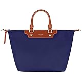 LEDER & EIGENSCHAFTEN: Wasserdichtes Nylon Henkeltasche. Kunstlederbesatz in brauner Kamelfarbe. Innenfutter aus Baumwolle.