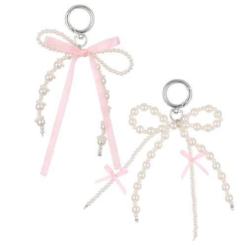 Yuanchu 2 porte-clés avec nœud de perles, jolis pendentifs en forme de nœud avec perles, esthétiques, roses, pour sac, porte-clés de voiture, pour femme,...
