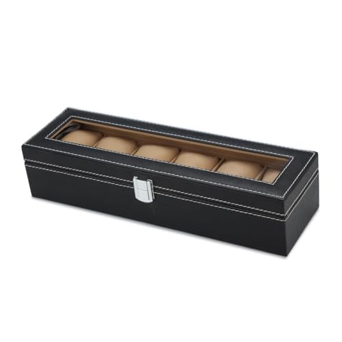 Image of Watch Box Organizer for Men and Women, 6 Slots, Leatherette, Black, Gift Box (Black::Beige)