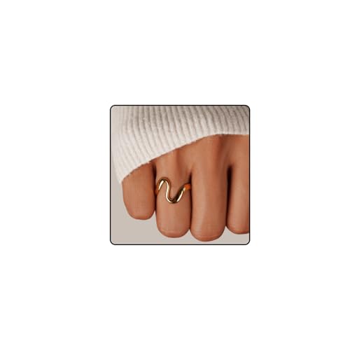 LIU JUN Gold Wave Ring for Women, 18k Gold Plated Opening Stainless Steel Irregular Curved Geometric Arc Rings Personalized Fashion Gifts Jewelry (Gold Wave-1)