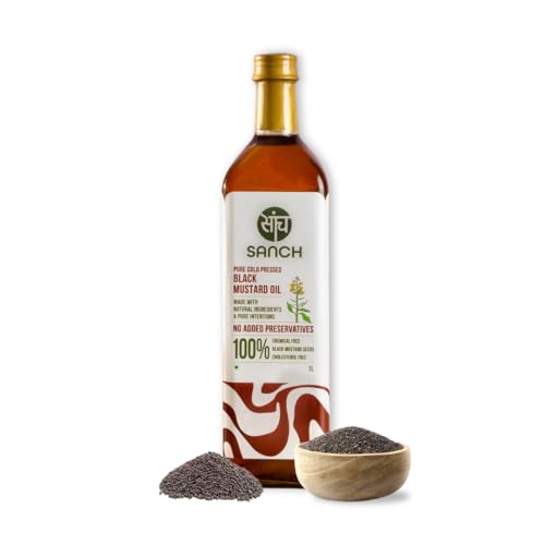 Image of Sanch Cold Pressed Black Mustard Oil 1 Litre | Kacchi Ghani Sarson Oil | Sarso Ka Tel | Rich in Omega-3 | Natural Aroma and Flavour | Suitable for Daily Cooking & Deep Frying | 1L Glass Bottle
