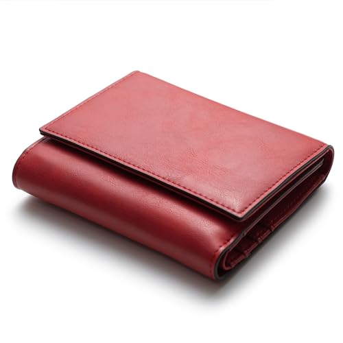 Alldaily Trifold Small RFID Blocking Wallet Slim Credit Card Wallet with with Zipper Pocket (Red)