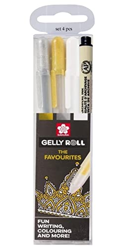 Sakura Gelly Roll Metallic 3 pcs .THE FAVOURITES. (OR ARGENT BLANC) et Sakura Pigma Micron Noir 05. Made in Japan