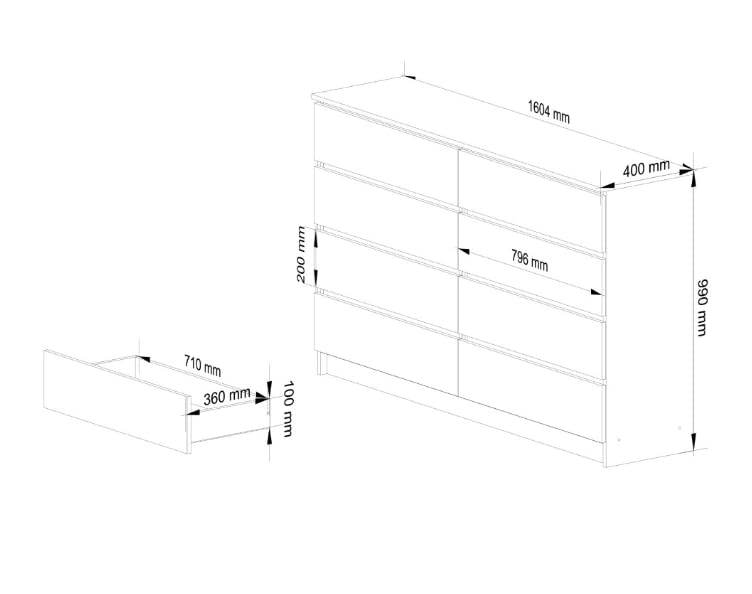 BDW - Commode à 8 tiroirs, Commode K160, Buffet, Meuble de Salon, Chambre à Coucher, Couloir, Armoire de Bureau, matériau Robuste et Design Moderne - 160x40x99 cm, Blanc