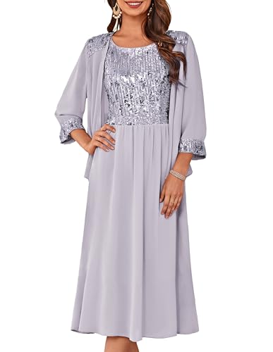 Image of GRACE KARIN Formal Wedding Guest Dress Sequin Mother of The Bride Dresses | Two Piece,3 /4 Sleeve,Tea Length,Crew Neck,Fit and Flare,Chiffon,Suitable for Spring /Summer /Fall /Winter /Cocktail /Party /Prom