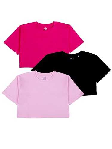 Image of KiddoPanti Girls 100% Cotton Solid Drop Shoulder Half Sleeve Round Neck Crop Tee
