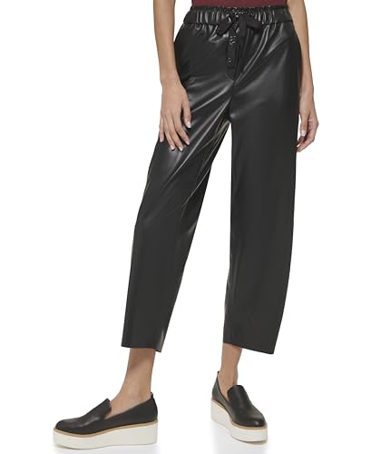 DKNY Womens Drawstring Hem Faux Leather Cropped Pants Black L2