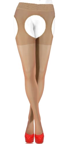 Sesto Senso Medias Lencería Liguero Muslo Panti Mujer 15 den Con Agujeros Entrepierna carne 3/M Beige claro