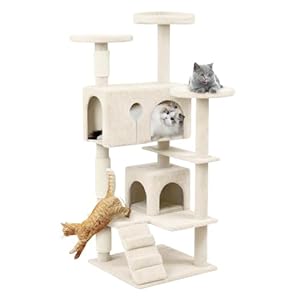 YUENFONG Kratzbaum Katzenbaum 130cm hoch Kratzbäume mit Sisal-Seil, Katzenmöbel mit 2 Katzenhaus, Katzenspielzeug inkl. Plattformen Höhle für Katzen, Beige