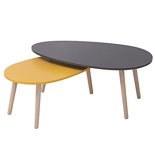 DDMINE Lot de 2 Tables Basses Gigognes, Table Basse Gigogne de Salon, Table Basse Scandinaves en MDF pour Bureau Salon, Tables d’appoint Empilable, Assemblage Facile (Gris Foncé, Jaune)
