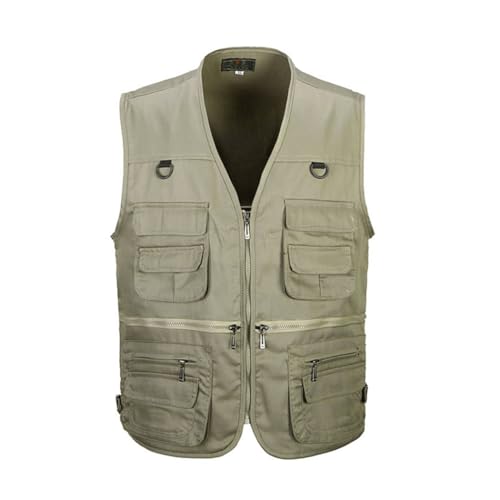 HZQIFEI Herren Outdoor Ärmellos Weste Freizeit Angler Camping Wandern Weste mit Vielen Praktischen Taschen (Khaki, 4XL)