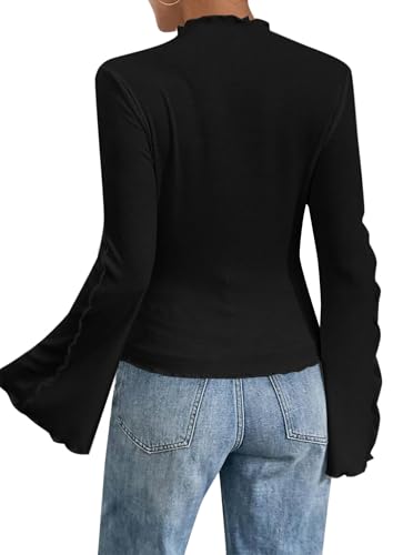 Remidoo Womens Mock Neck Bell Long Sleeve T Shirt Lettuce Trim Fitted Shirt2
