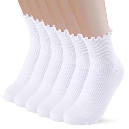 PRAOAHEI Socken mit Rüschen Damen 6 Paar Crew Premium-Baumwolle Stricken Gestrickt Weiche Atmungsaktive Niedlich Geschenk für Frauen Mädchen Liebhaber Geliebte Weiß