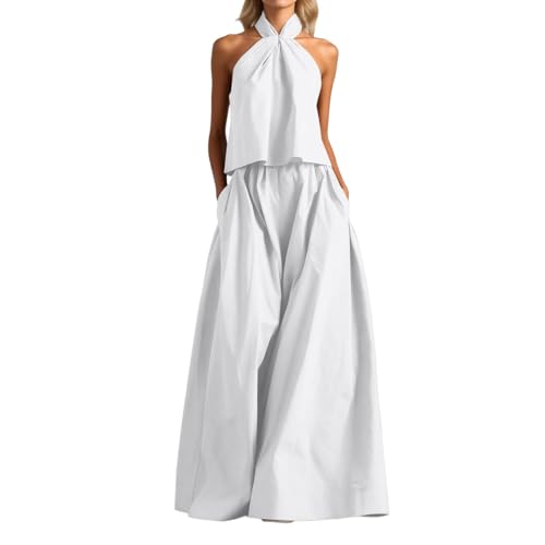 Women's Casual White And -neck Sleeveless Top And Skirt Set, Neck Top & High Waist Wide Leg Pants (White, XXL)