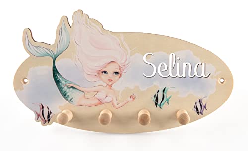 Personalisierte Kindergarderobe 'Meerjungfrau' aus Birkenholz mit vier...
