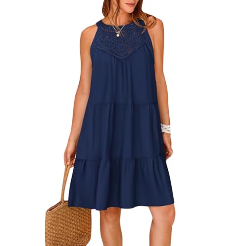 Odizli Sommerkleid Damen Leicht und Luftig Elegant Frühling Sommer Tunikakleid Ärmellos Neckholder Boho Spitze Knielang Tunika Tshirt Kleid Shirtkleid Damenkleid Kurz Strandkleid Dunkelblau M