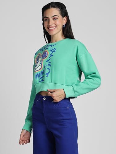 Image of JUNEBERRY Cotton Poly Fleece Official Disney Merchandise Regular Fit Orange & Green Mickey Mouse See Ya Real Soon Graphic Print Full Sleeve Sweatshirt for Women