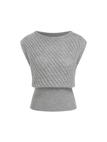 CIDER Summer Short Sleeve Sweater Vest for Women Boat Neck Ribbed Knit Cap Sleeve Cut Out Tops Going Out Trendy Tee, Grey, Small