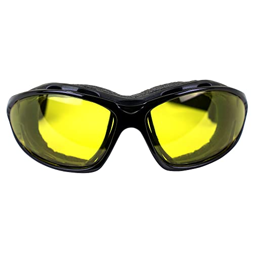 Birdz Eyewear Thrasher Padded Motorcycle Glasses For Men & Women Convertible To Goggles Black Frame W/Anti Fog Yellow Lenses #TOP1