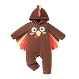 Lenjindjer Newborn Baby Boy Girl Thanksgiving Clothes Long Sleeve Turkey Print Hooded Plush Jumpsuit Fall Winter Romper (Brown, 6-12 Months)