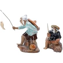 2pcs Miniature Old Fisherman Model Figurines Ceramic Fishing Man Decorations for Home and Garden Vintage Fisherman Statues for Aquarium Landscape Decor