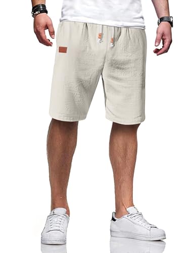 TARAINYA Short Homme Coton Lin Taille Elastique éTé Casual Pantalon Court Homme avec Poches Beige L