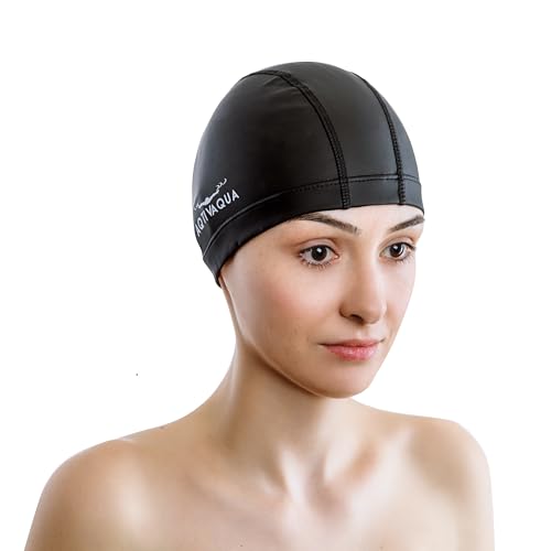 AqtivAqua Swim Cap Swimming Caps for Women Men Adult Kids Girls Boys Youth Hat (Black Color)