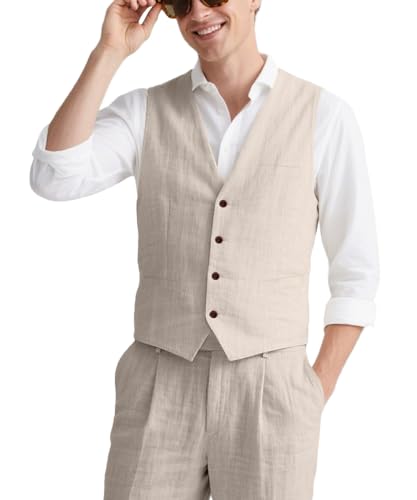WOMS Mens Beige Linen Suit 2 Piece Casual Summer Suits