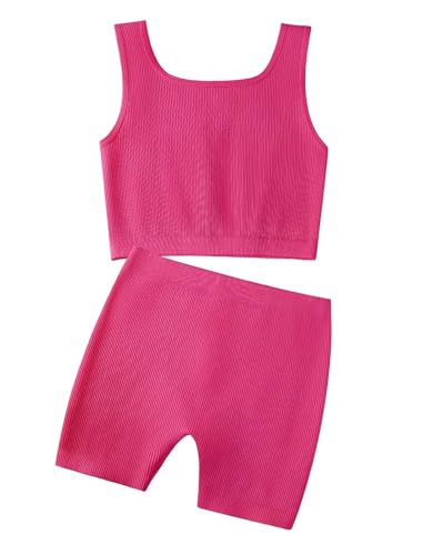 Image of EXARUS Girls 2 Piece Outfits Seamless Ribbed Cropped Tank Top Shorts Set | Teen Two Piece Outfit Tween Summer Dance Vacation Yoga Crew Neck Youth Athletic Workout Set Kids High Waist Elasticity 6-14Y
