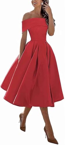 Image of Knee-Length Satin Off Shoulder Homecoming Dress Short Prom Cocktail Party Dress for Junior