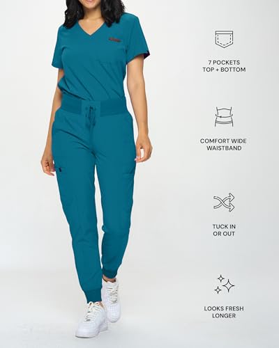 Image of Monarch Uniforms Slim Fit Stretchy Scrubs Women's Jogger Scrub Set Slim Jogger Scrubs with Tuck-In Top for Women