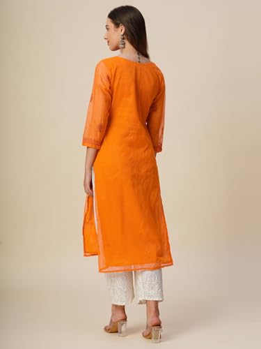 Image of RATAN Muga Cotton Straight Lucknowi Chikankari Ethnic Wear Kurta for Women