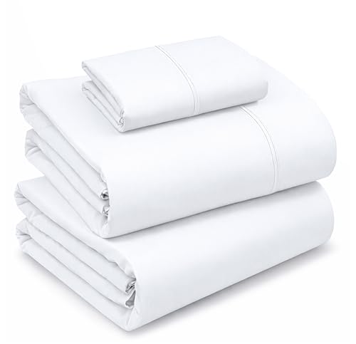 Image of RUVANTI 100% Cotton Percale Sheets Twin XL, Bright White | Crisp Cooling, Deep Pocket 16 inch, Soft Breathable & Durable, Hotel-Style, 3 Piece Set