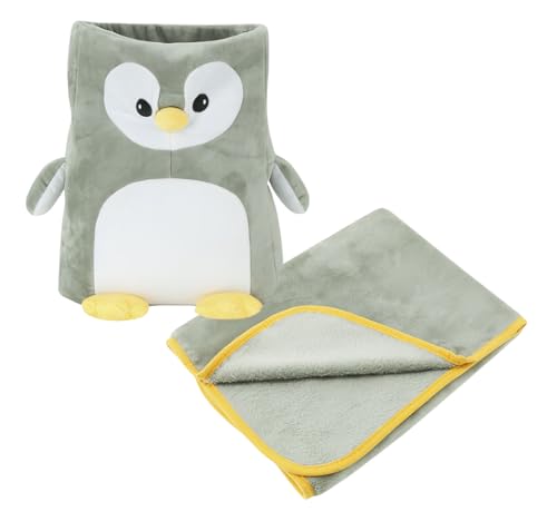 Children’s Ultra Soft Plush Blanket with Penguin Pocket for Airplane Armrest Pillow. Bedroom, Living Room, Nursery, Playroom, Travel. Baby Essential.