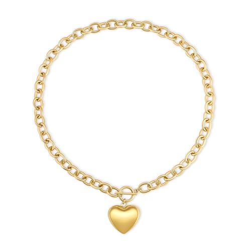 Large Chunky Gold Necklace with Heart Pendant for Women, Paperclip Choker Chain Puffy Heart Pendant Toggle Clasp Necklaces Thick Chain Jewelry Birthday