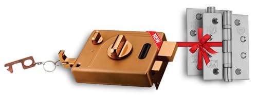 Image of Harrison Main Door Lock Hinge Free / 1 Duro Bolt 5530 Rose Gold Finish 5 Computerised Key with 2 Hinge 0971 SS Finish and Key Ring /Mild Steel Material /Door Lock, Rim Lock, Dead Bolt Lock