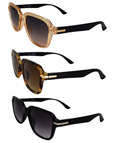 AlterImage Sunset Fashion Retro Sunglasses for Women 3 Pair Clear Black & Tortoise Frames w/Stylish Metal Accents & Gradient Brown & Smoke Lenses