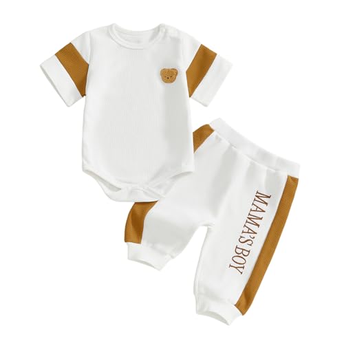 Image of Babieshouse Newborn Baby Boy Clothes Mamas Boy Bear Embroidery Long Sleeve Romper Pants Set Fall Winter Outfits 3-18 Months