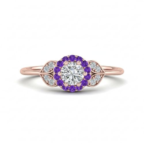 Image of Rose Gold Plated Diamond CZ & Blue Sapphire Petal Halo Engagement Ring for Women, Petite Round Shape Wedding & Everyday Jewelry, Handmade Gift for Wife US Size 4-12