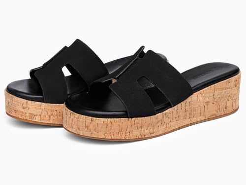 Image of Coutgo Womens Platform Wedge Sandals Open Toe Slip On Slides Cork Heeled Comfortable Shoes