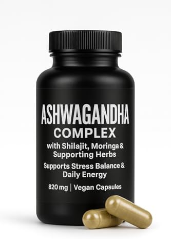 Ashwagandha Complex with Shilajit & Moringa – 820mg Adaptogenic Herbal Supplement for Stress, Energy & Immunity – 11-Herb Plant-Based Blend – 60 Vegan Capsules