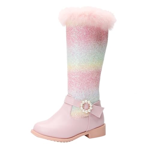 Girls' Tall Riding Boots Low Heel Side Zipper High Booties Winter Non Slip Mid Calf Round Toe Glitter Boots