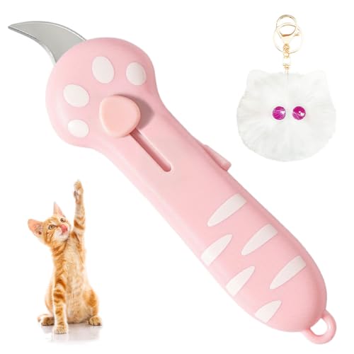 2026 Cat Paw Box Cutter Cat Box Cutter Retractable Cats Claw Cutter - Adorable Cat-Shaped Paper Boxs Cutter(Pink) And Cute Kitten-Shaped Keychain(Pink)