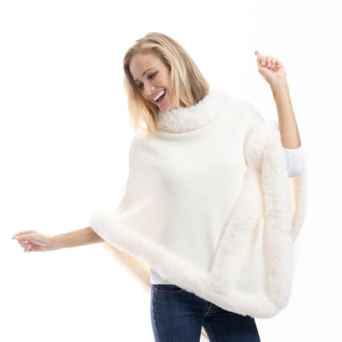 Luxurious Faux Fur Trim Cozy Knit Poncho, One Size3