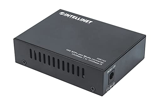 Image of 10GBase-T to 10GBase-R Media Converter, SFP+ Slot and RJ45 Port | 10GBase-T to 10GBase-R media converter with RJ45 and SFP+ ports, supports 1000Base to 10GBase speeds, LEDs status